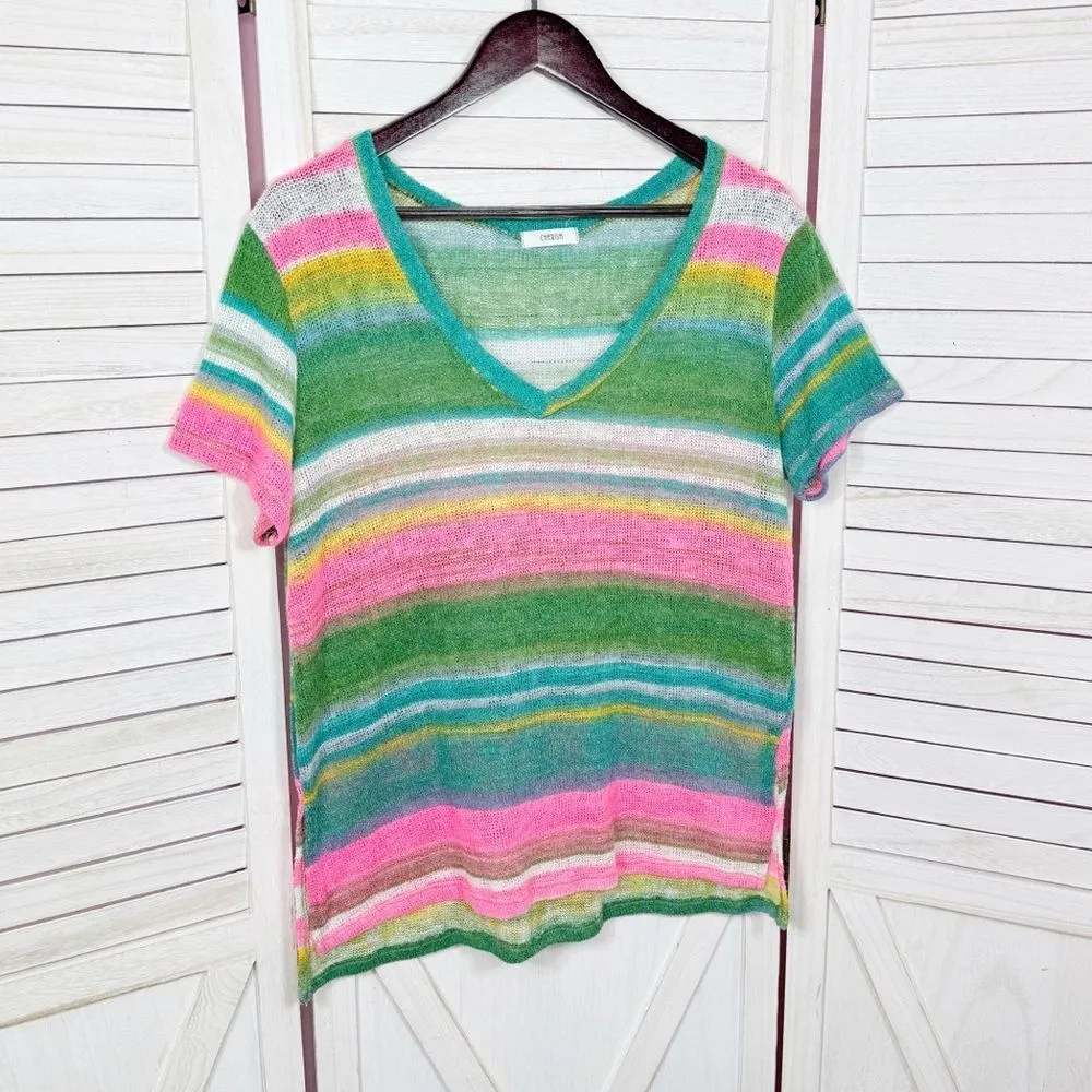Cherish Striped‎ Mesh Knit V Neck Short Sleeve Tee Shirt Green Pink Small - Image 7