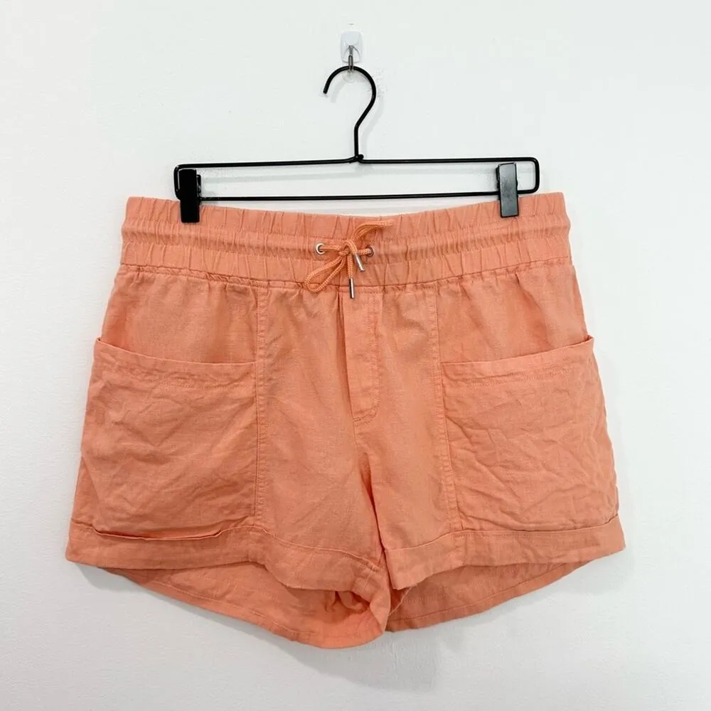 Athleta Cabo Linen 4" Shorts Pull on Drawstring Cactus Peach Coral size 12 - Image 3