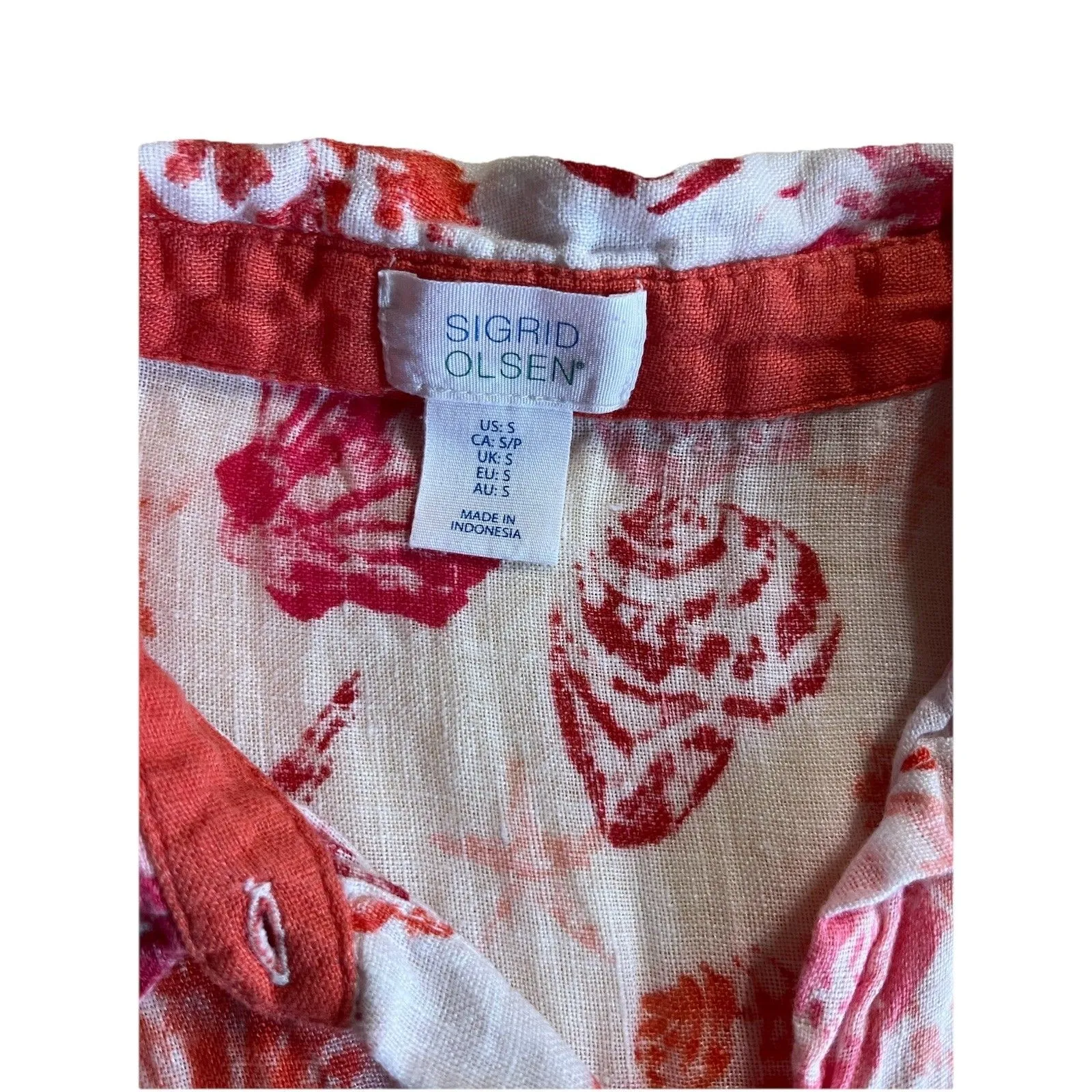 Sigrid Olsen 100% Linen Shirt Dress Size Small Red White Shell Ocean Print - Image 7