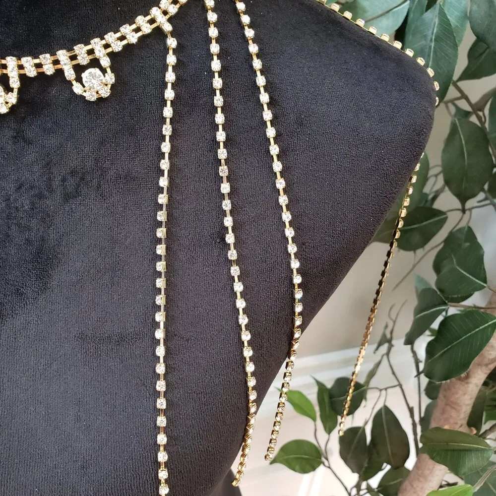 Womens Lingerie Multi Crystal Tassels Shoulder Rhinestone Chain Drops Necklace Gold - Image 4