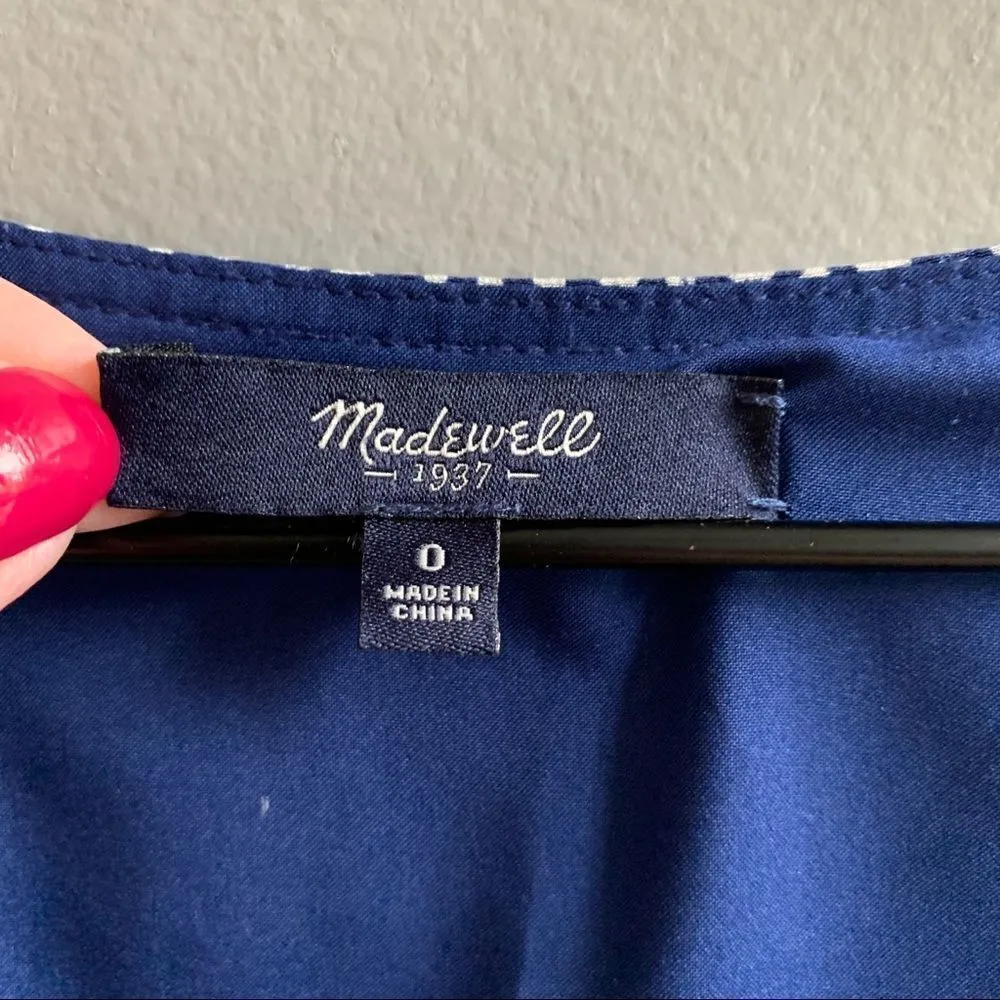 Madewell Blue Batik Striped Silk Ruffle Dress Size 0 Navy Polka Dot - Image 4