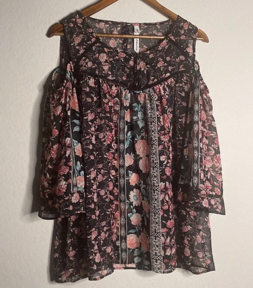 NY Collection Women's 3/4 Sleeve Floral Cold Shoulder Blouse Large - Image 2