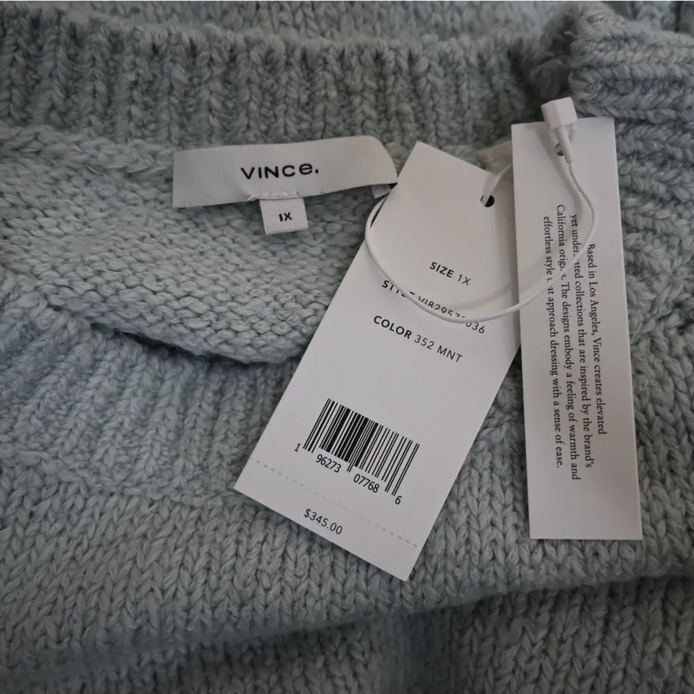 Vince Womens 1X Crewneck Organic Cotton Blend Pebbled Sweater in Mint NEW - Image 9