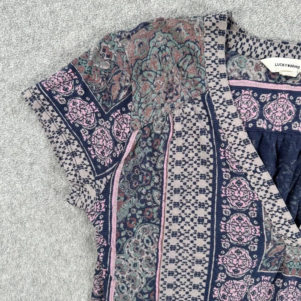 Lucky Brand V-Neck Boho Blouse Women's Small Short Sleeve Gray/Purple Top - Image 2