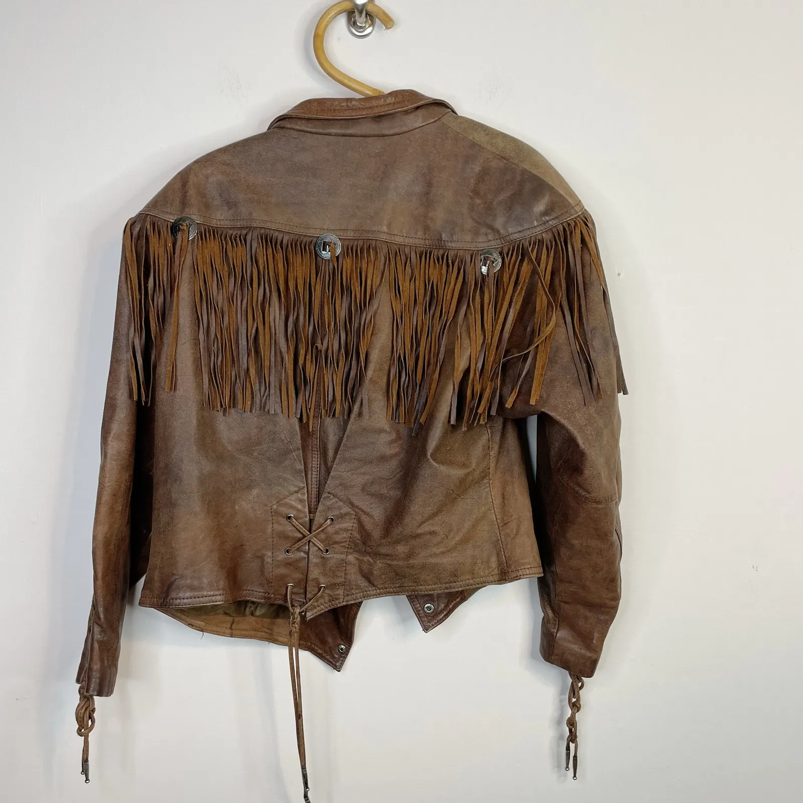 Vintage 80s Western Leather Jacket Fringe Laced Brown Boho Rodeo Cowboy Biker L Size L - Image 11