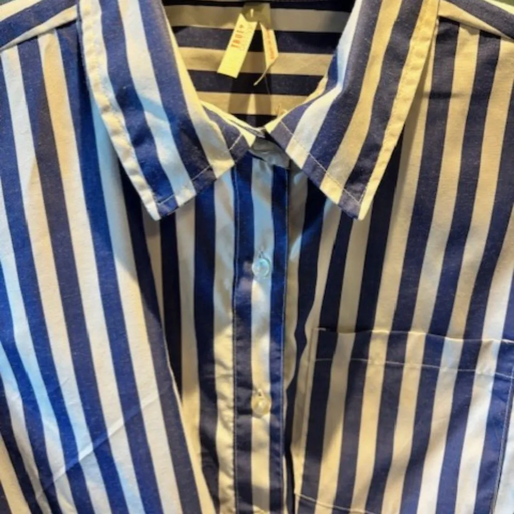 True Destiny L Blue White Stripe Crop Long Sleeve Twist Top Modern Collar Button - Image 4