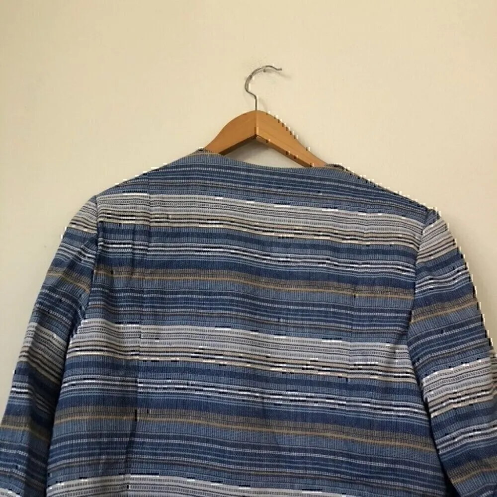 LAUNDRY BY SHELLI SEGAL Blue White Tan Striped Tweed Open Front Blazer Jacket 14 - Image 10