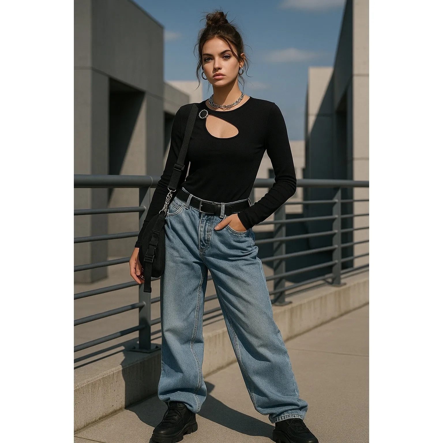 Vintage Belldini Black Cutout Ring Detail Top Long Sleeve Y2K Hong Kong Sz S - Image 2