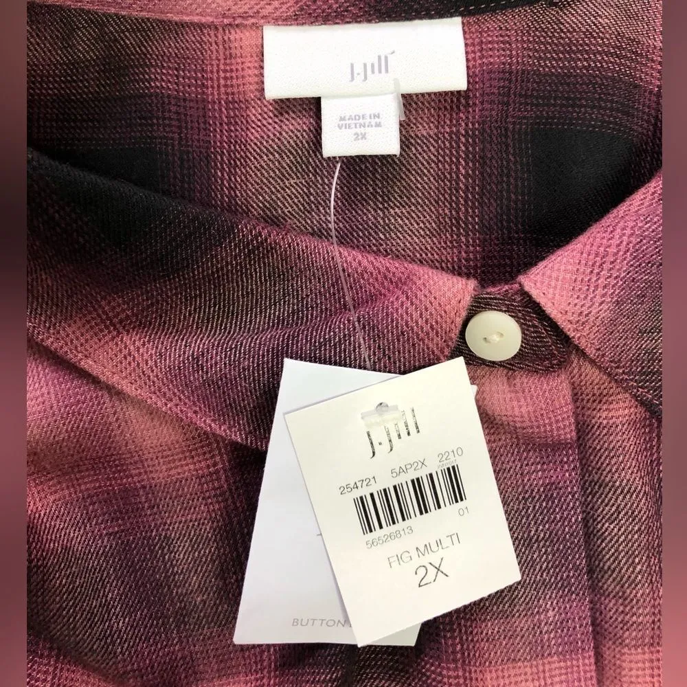 J.Jill Purple Pink Ombre Plaid Flannel Tunic Tiered Button Front Shirt - Image 7