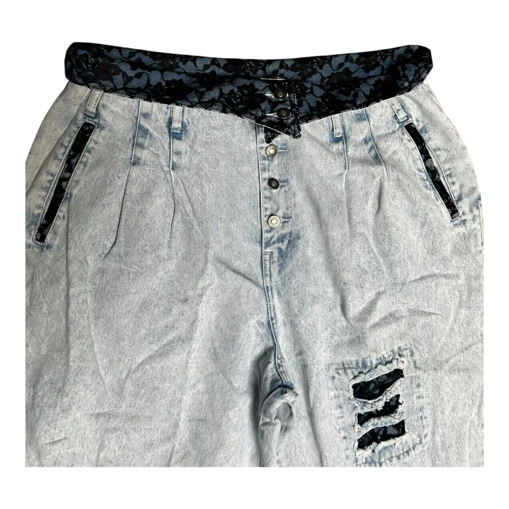 Vintage Plus Size Madonna 80s Acid Washed Distressed Fold Jeans Black Lace SZ 26 - Image 6