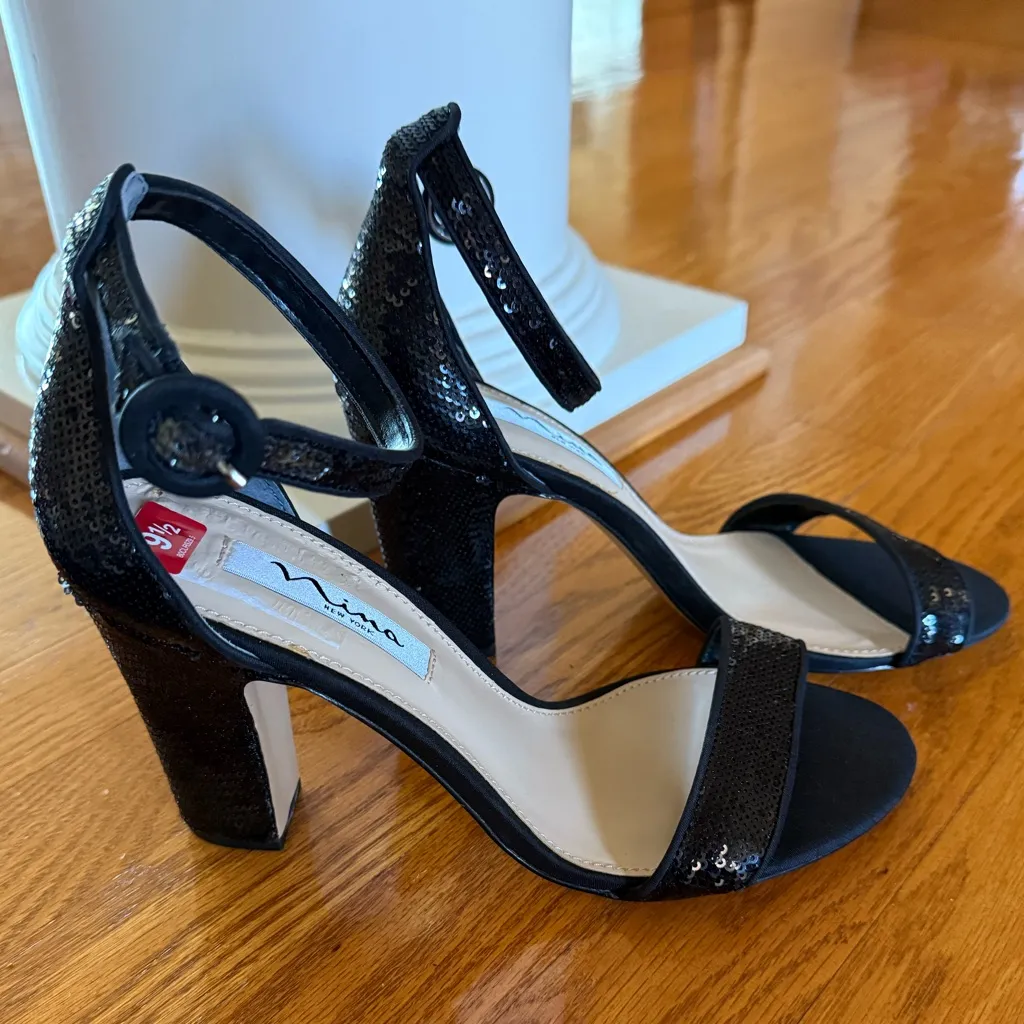 Nina Siana Black Sequin Ankle Strap with Blockheel Evening Shoes - Image 2