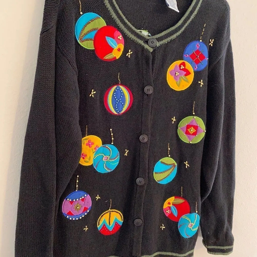 Vintage Bobbie Brooks‎ Christmas Ornament Cardigan Sweater Black Size M - Image 3