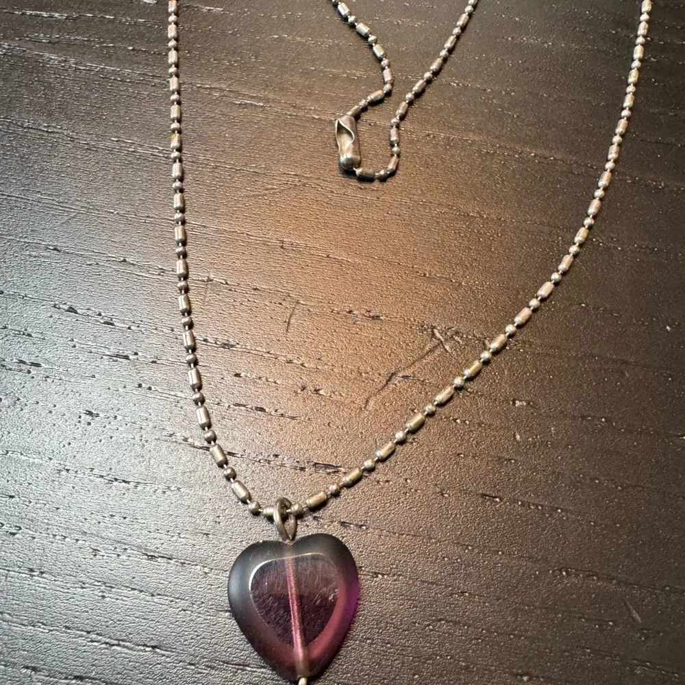 Eclectic Boho Silver Hamsa and Purple Heart Pendant Necklace - Image 5