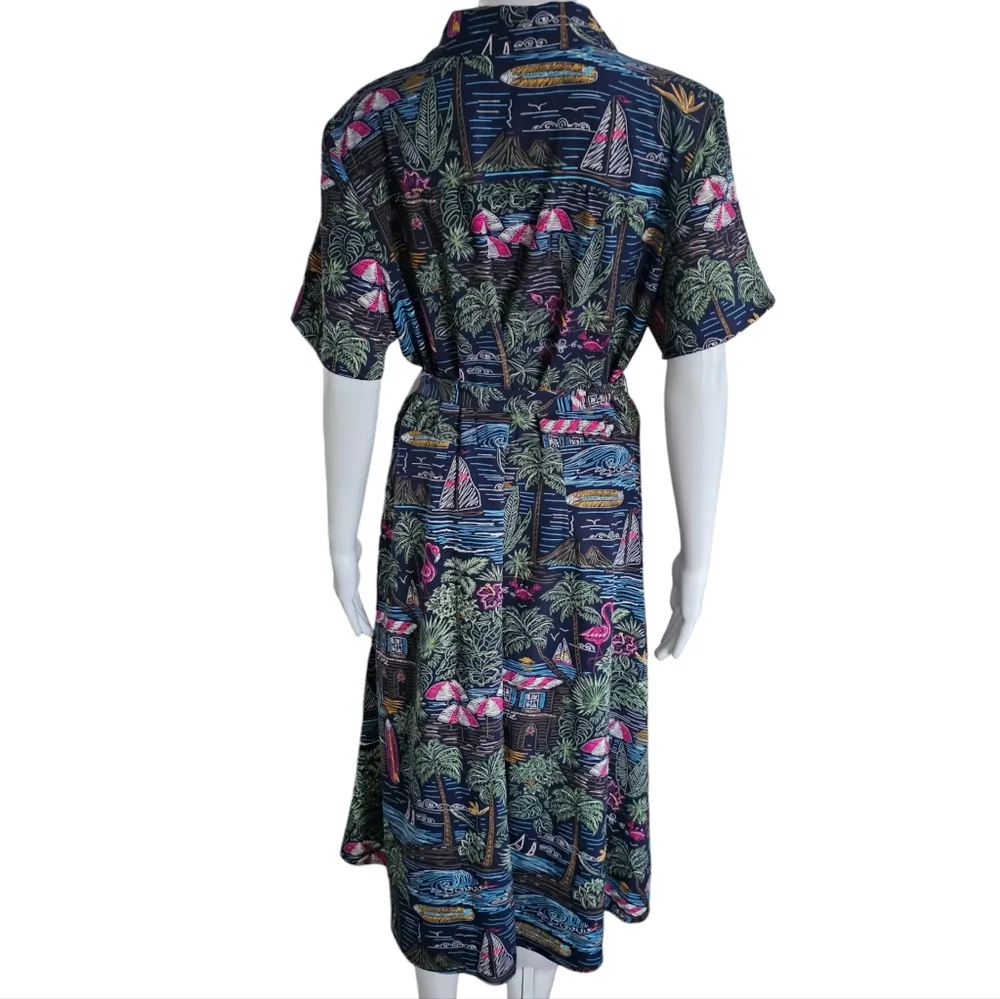 D&CO Navy Hawaiian Print Button Down Belted Shirt Dress Size Large Blue - Image 5