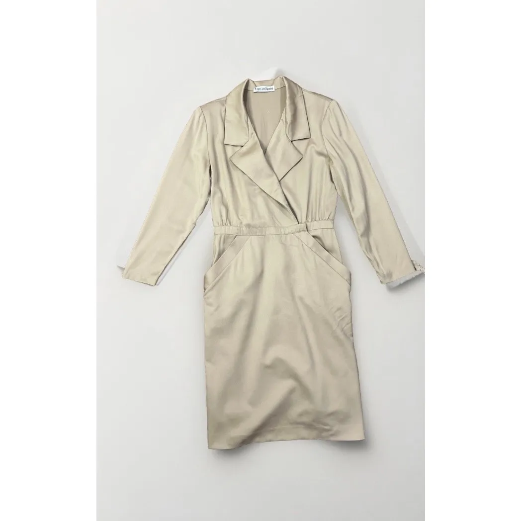 Vintage 80s Mary Ann Restivo Minimalist Wool Wrap Dress Khaki Tan Office Size 12 - Image 2