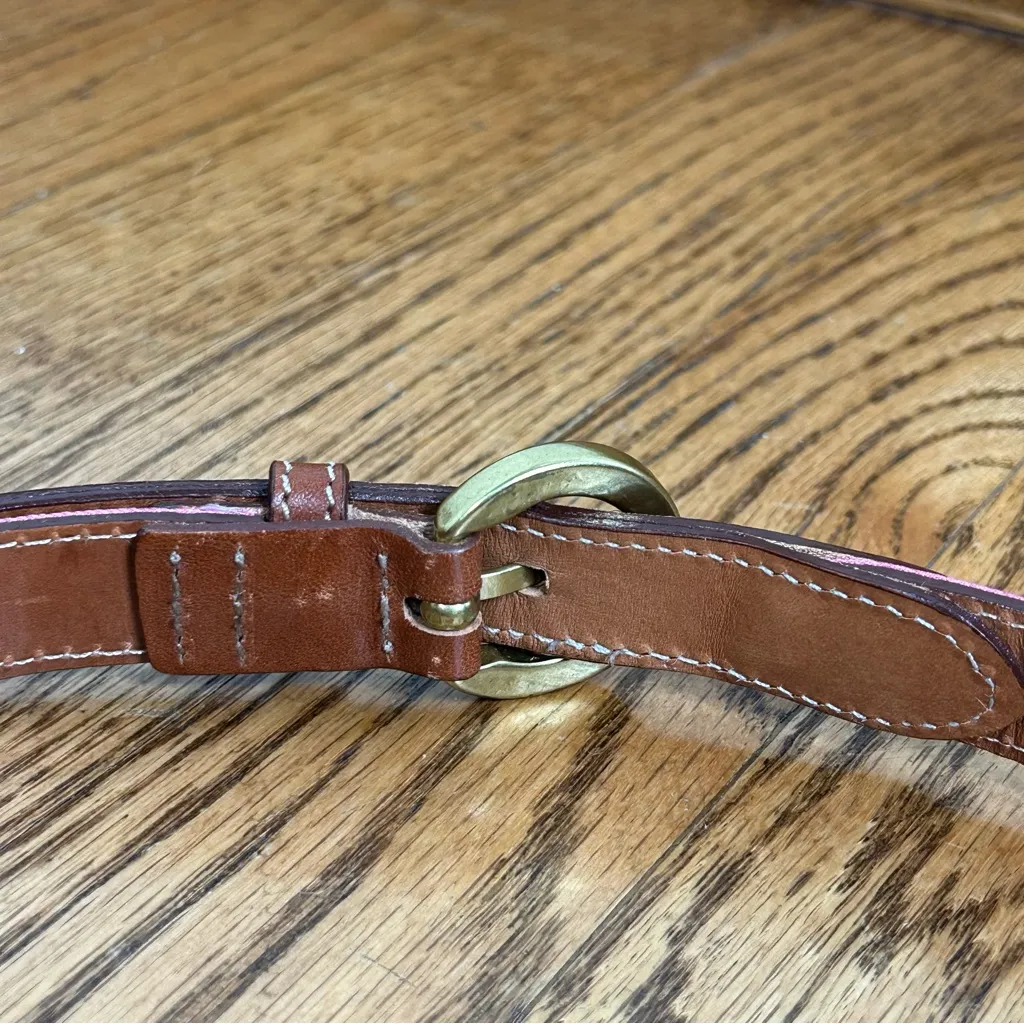 VINEYARD VINES Pink Mini Blue Whale Brown Leather Brass Buckle Belt Size L - Image 6