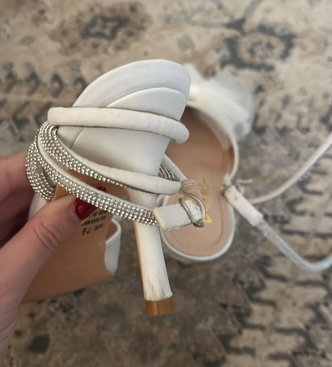 White Satin Rhinestone Bow Ankle Strap Pumps - Image 4