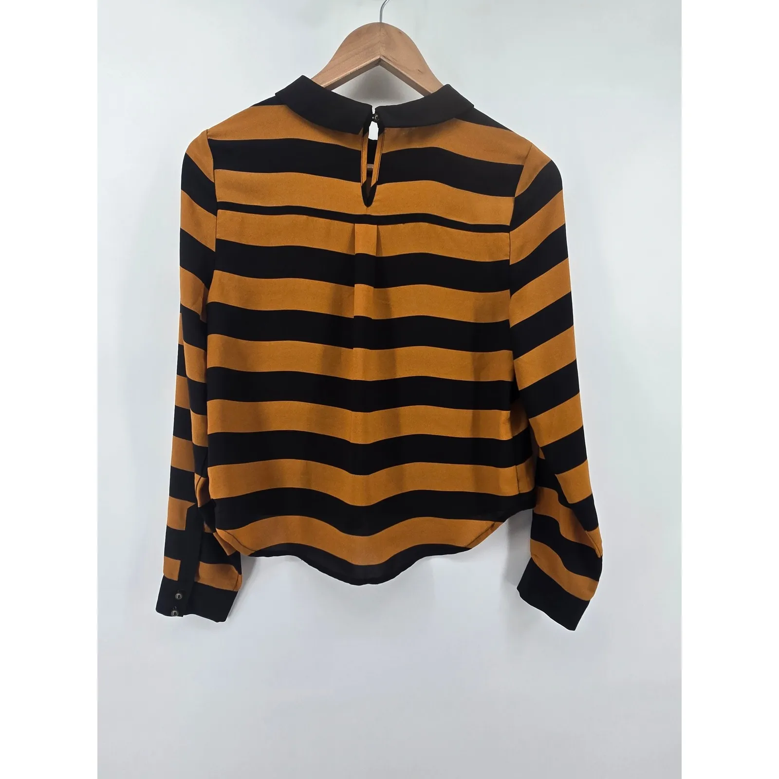 BCBGMAXAZRIA Women's Medium Black Orange Striped Long Sleeve Collared Blouse - Image 3
