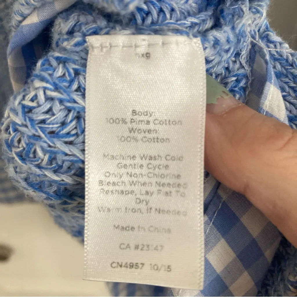 Talbots Sweater S Blue Pima Cotton Pullover Layered Gingham Trim - Image 7
