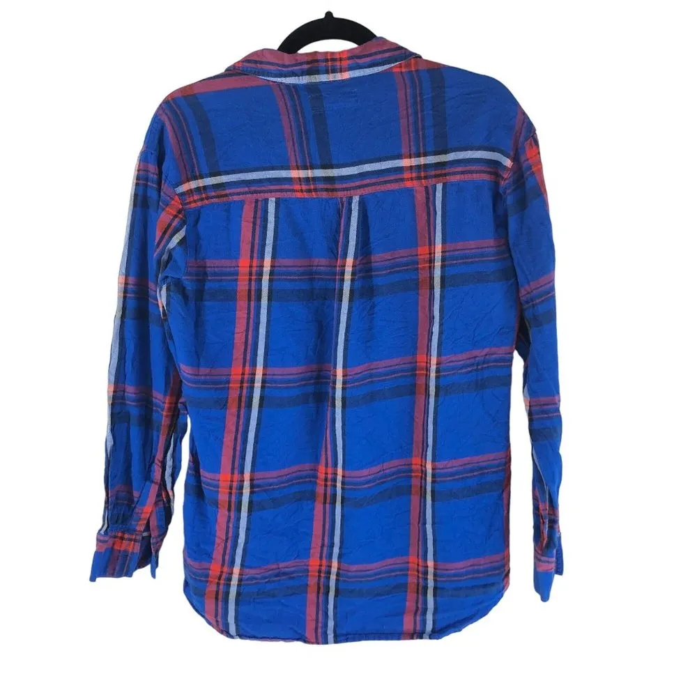 Old Navy Womens Flannel Shirt Boyfriend Fit Button Down Plaid Pocket Blue Red S - Image 2