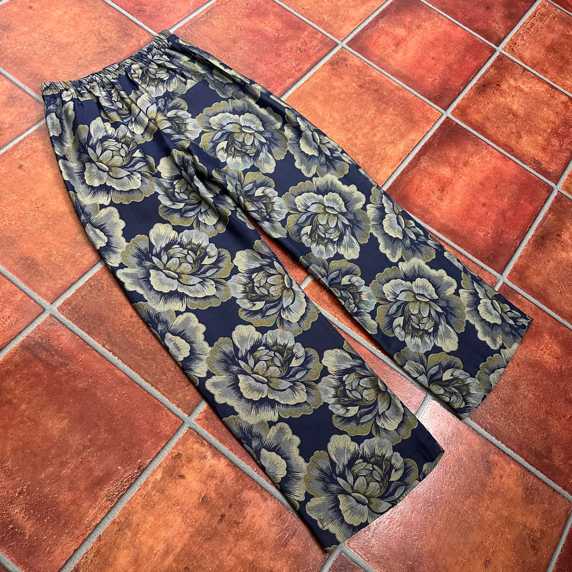 Atelier Camille Paris Navy Gold Stretchy Brocade Pants Size Blue - Image 9