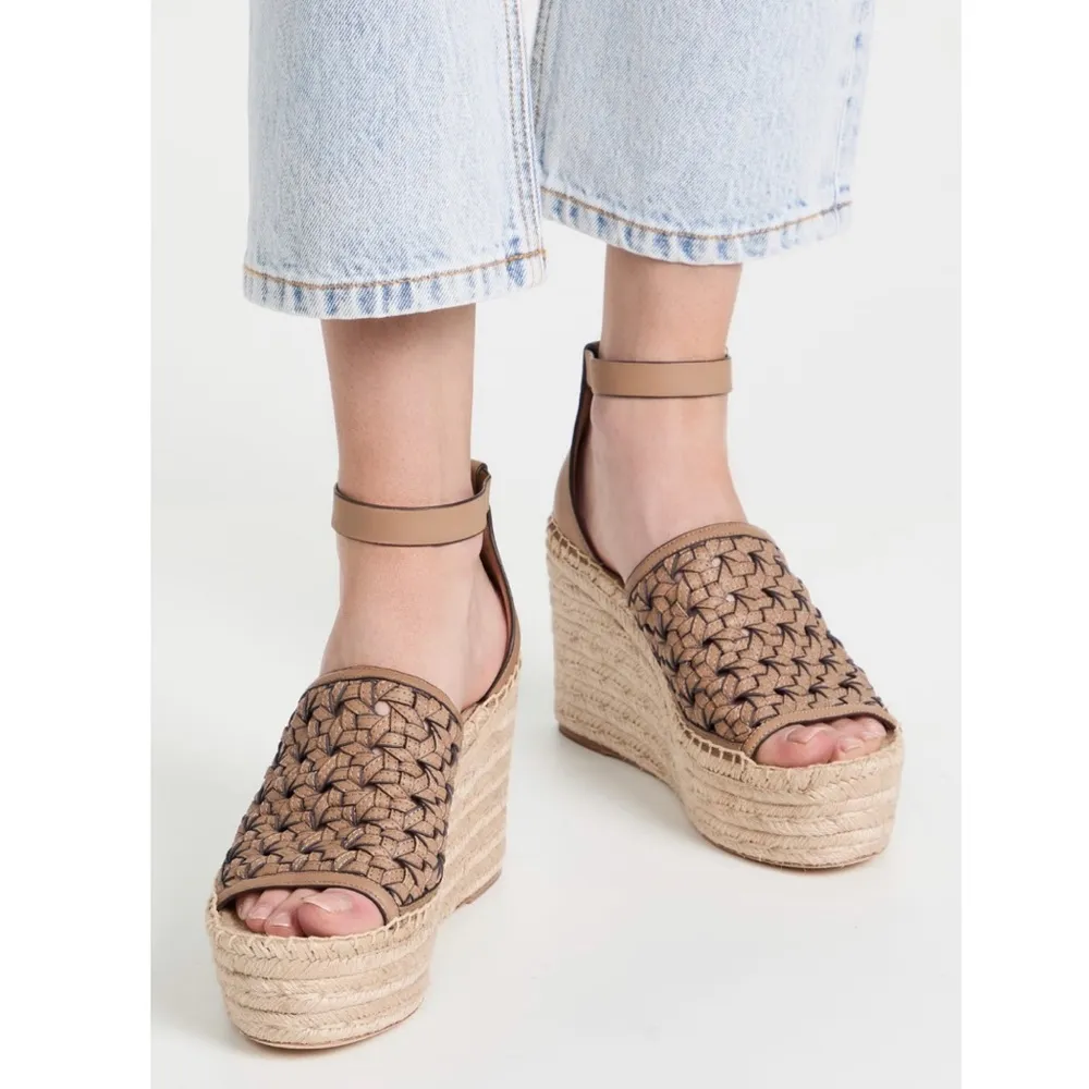 Tory Burch Basketweave Espadrille Ankle Strap Wedges Leather Size 10M New in Box - Image 2