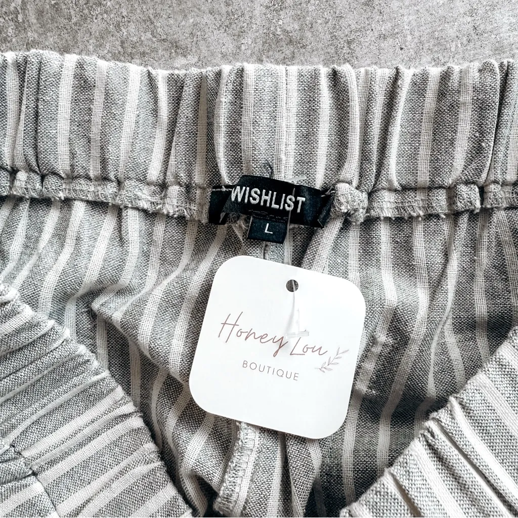 Wishlist Grey and White Vertical Strip Wide Leg Pull On Linen Pants Size Large - Image 6