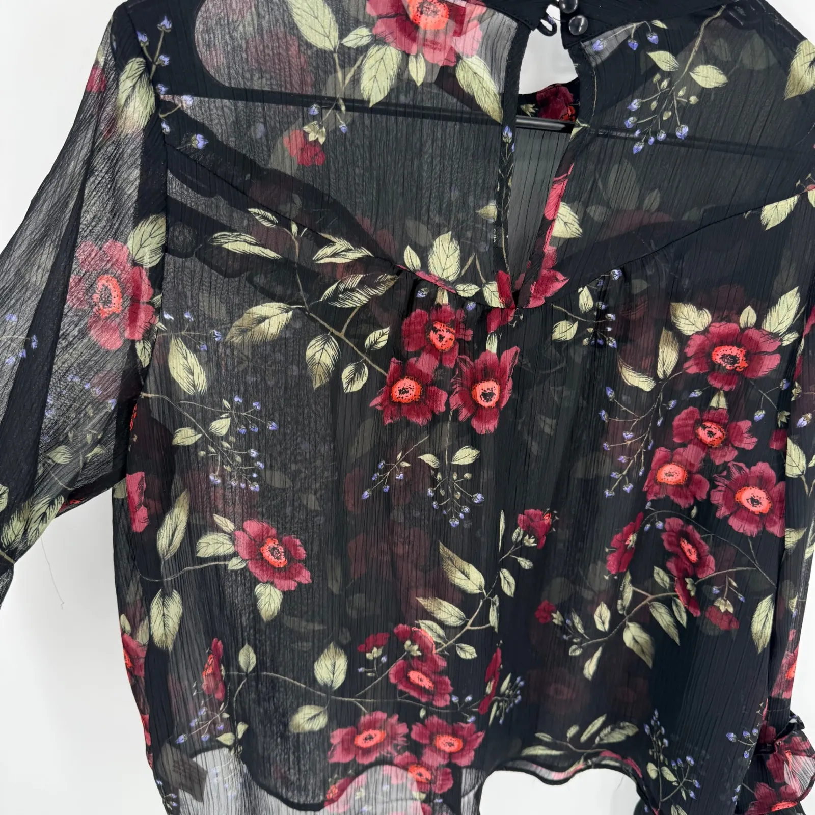 Arizona Jean Co Black Floral Ruffle Mock Neck Long Sleeve Sheer Blouse XL Boho - Image 7