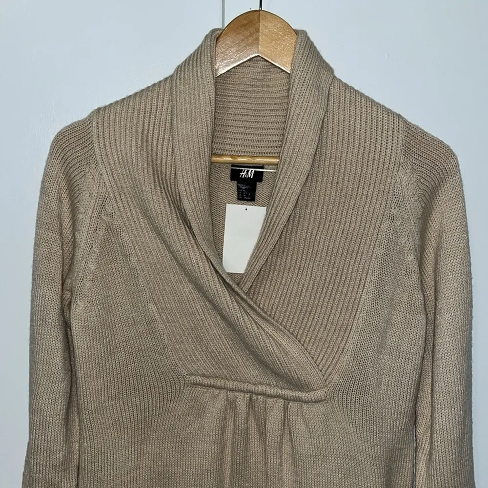 H&M Knit Sweater Dress w “Wrap” Neck Shawl Collar 3/4 Sleeves Tan Women’s M - Image 5
