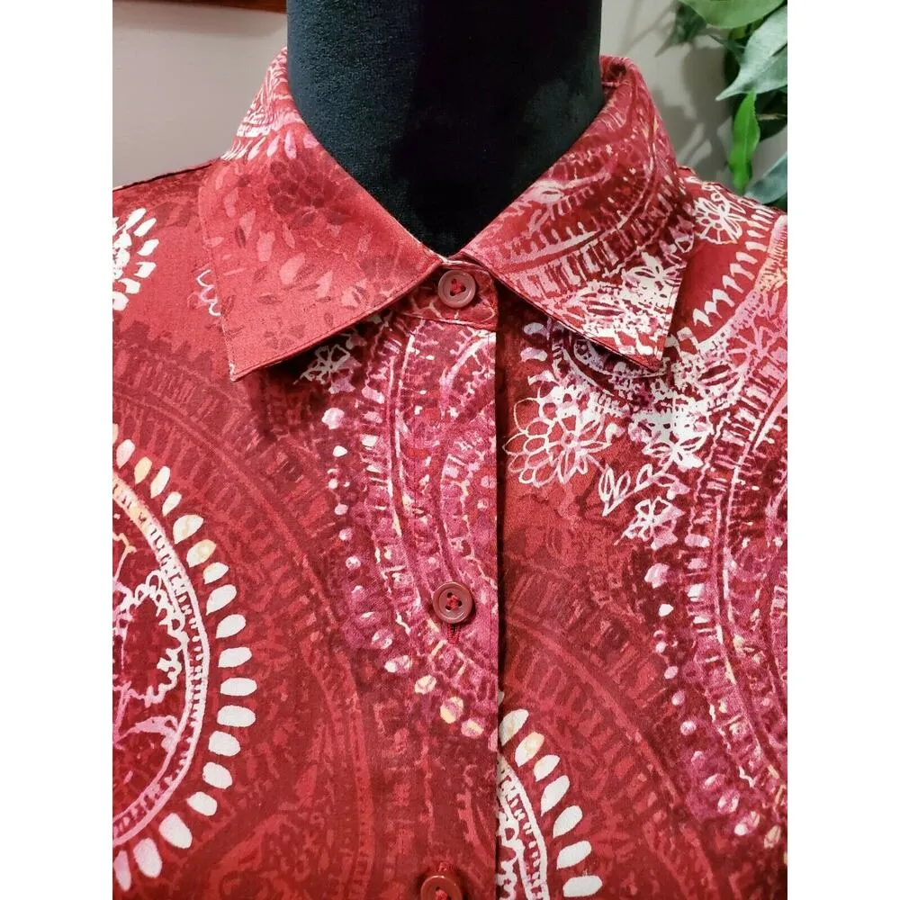 Westbound Women's Red Floral Cotton Long Sleeve Collared Button Down Shirt PL - Image 3