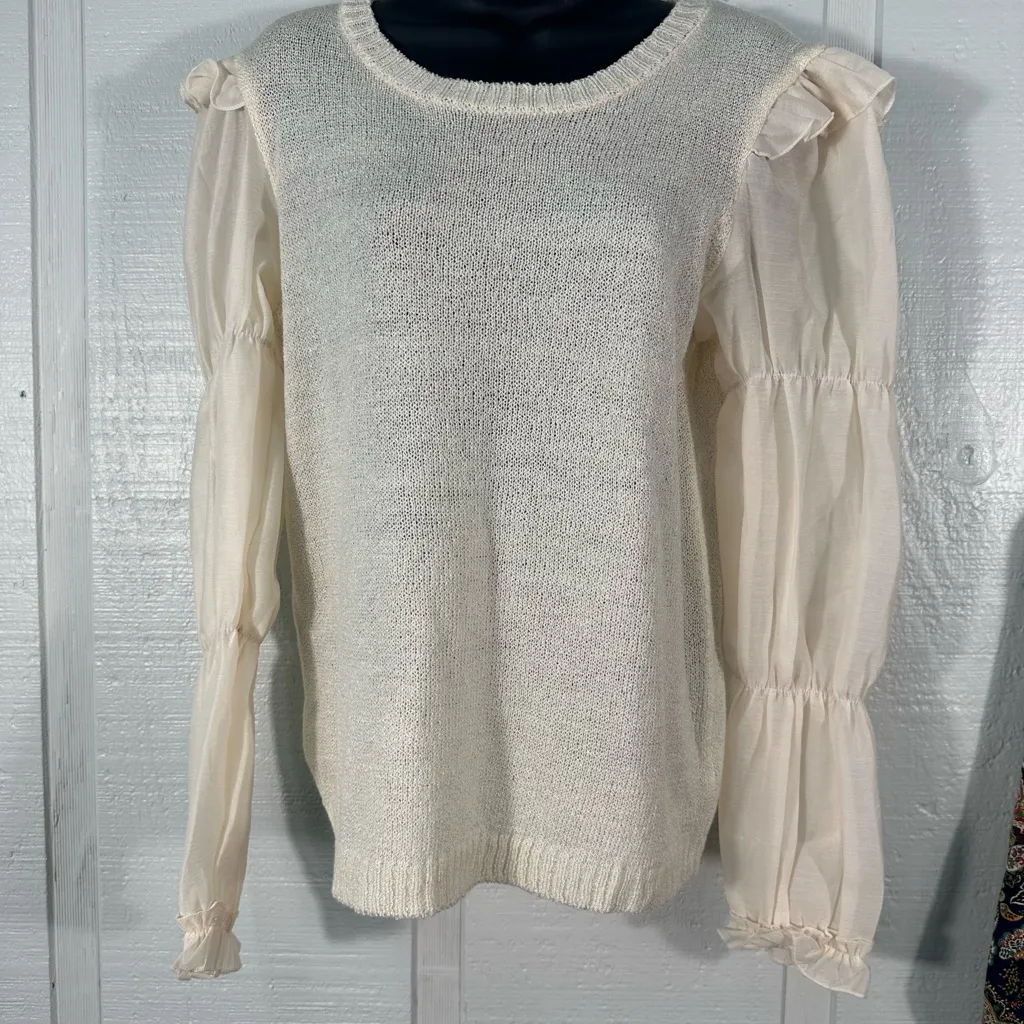 By The River Beige Sweater with Sheer Sleeves Size Medium EUC - Image 2