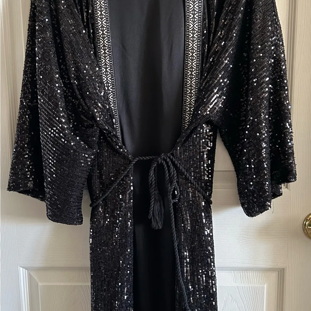 Chelsie & Violet Black Open Front Sequin Duster Jacket‎ Belted Kimono Size XL - Image 9