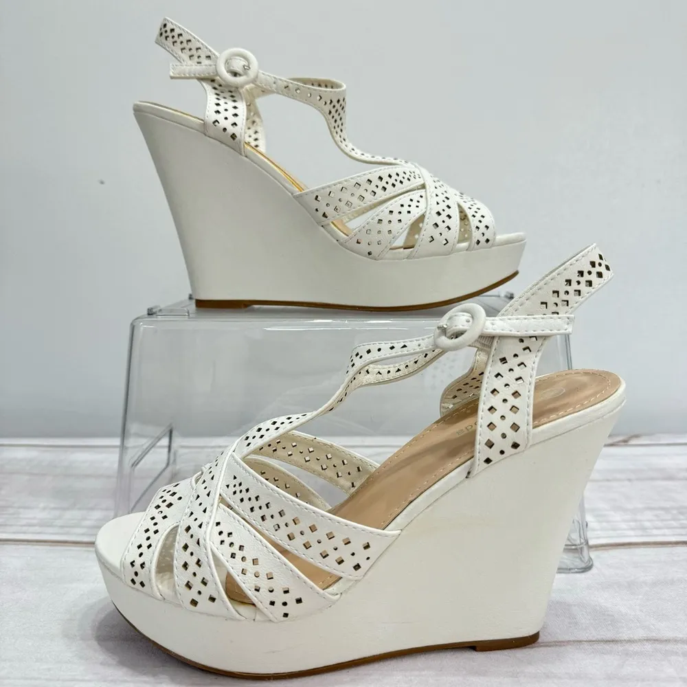 Strappy Ivory Wedge Heeled Platform Sandals with Cutouts Size 8 - Image 2