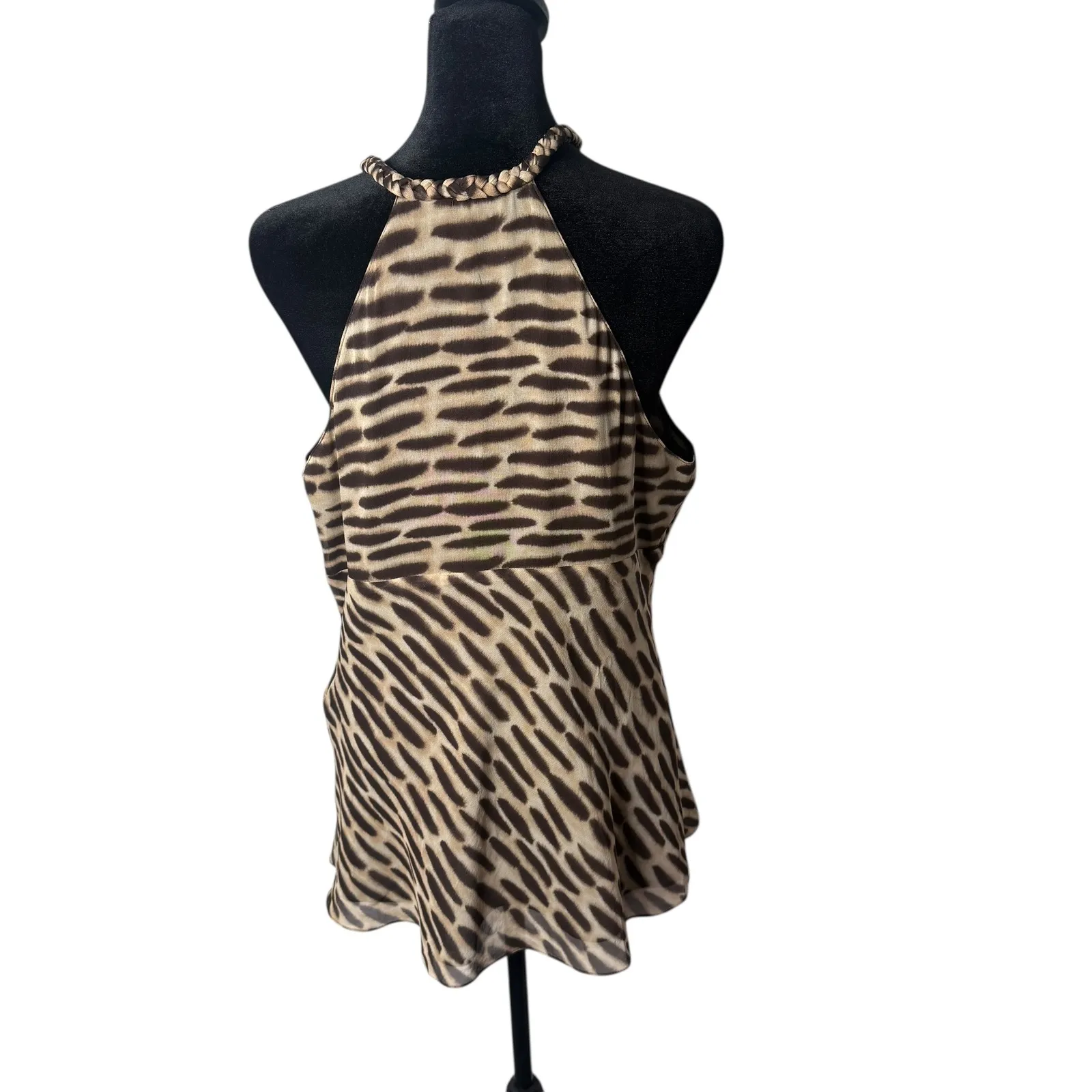 MICHAEL KORS Silk Top Animal Print Braided Neck Brown Size S Mob Wife Statement‎ - Image 2