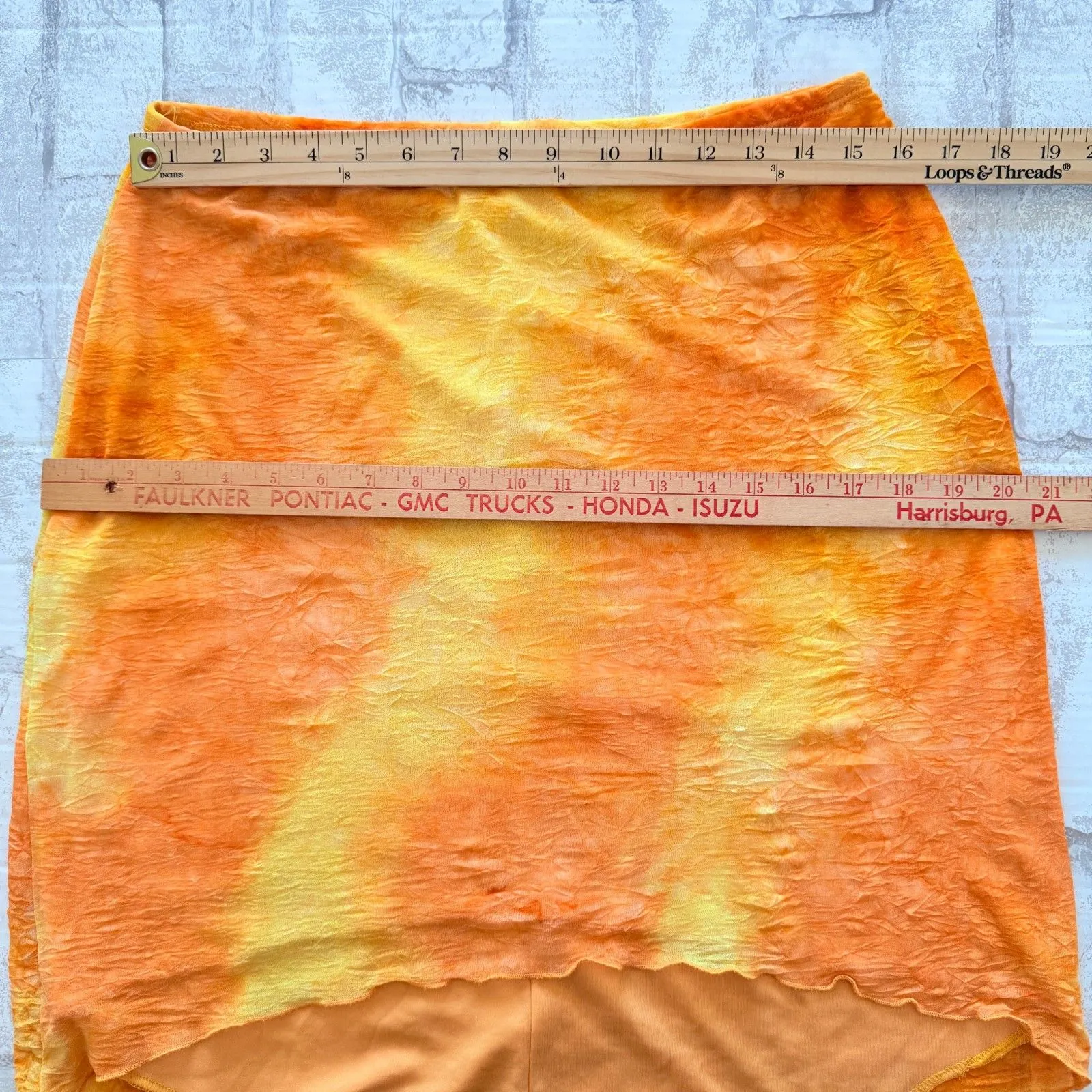 VTG Y2K Rag Orange Yellow Tie Dye High Low Skirt Stretchy Waist Lined Boho Sz L Size L - Image 4