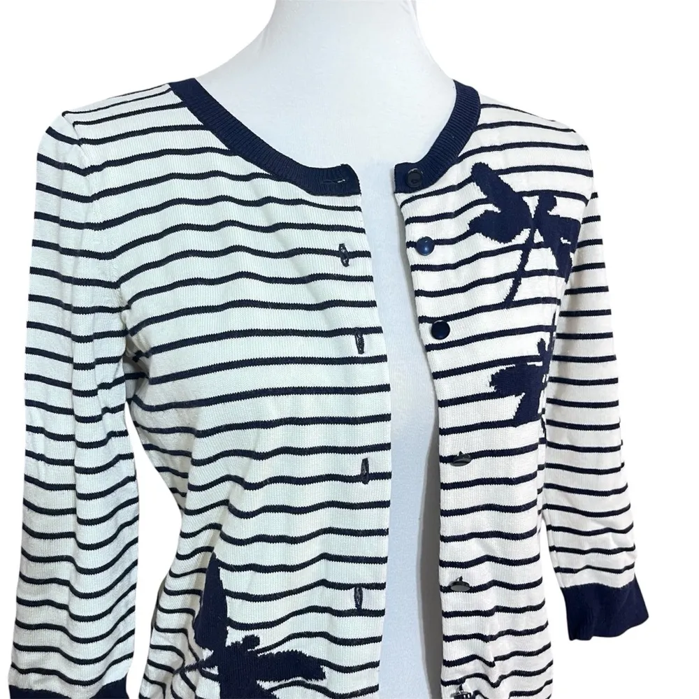 Talbots White/Navy Blue Dragonfly Striped Cardigan Size smalll petite - Image 2