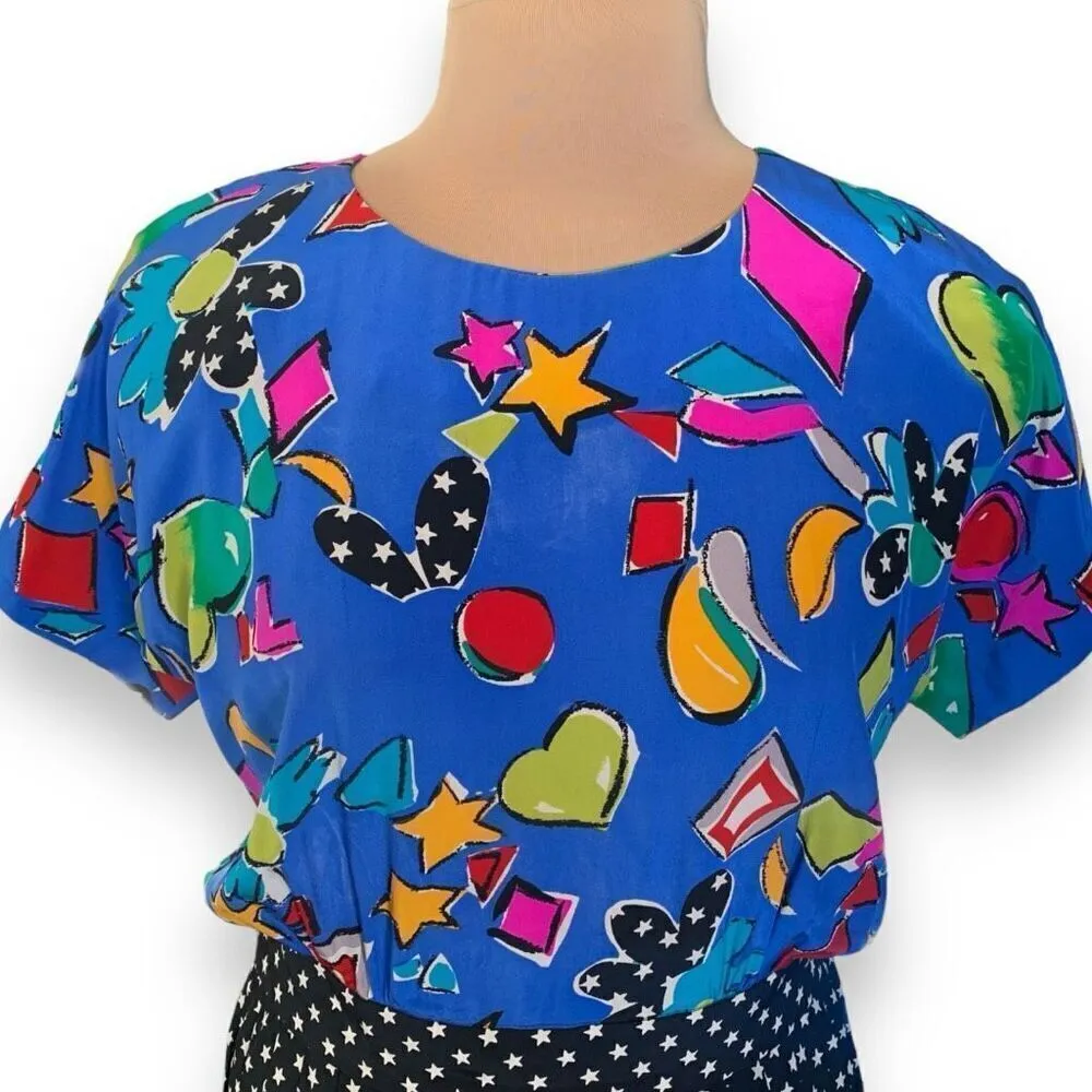 Vintage Rickie Freeman Dress Blue Black Pop Art Star Print Pleated Silk Midi Size 12 - Image 2