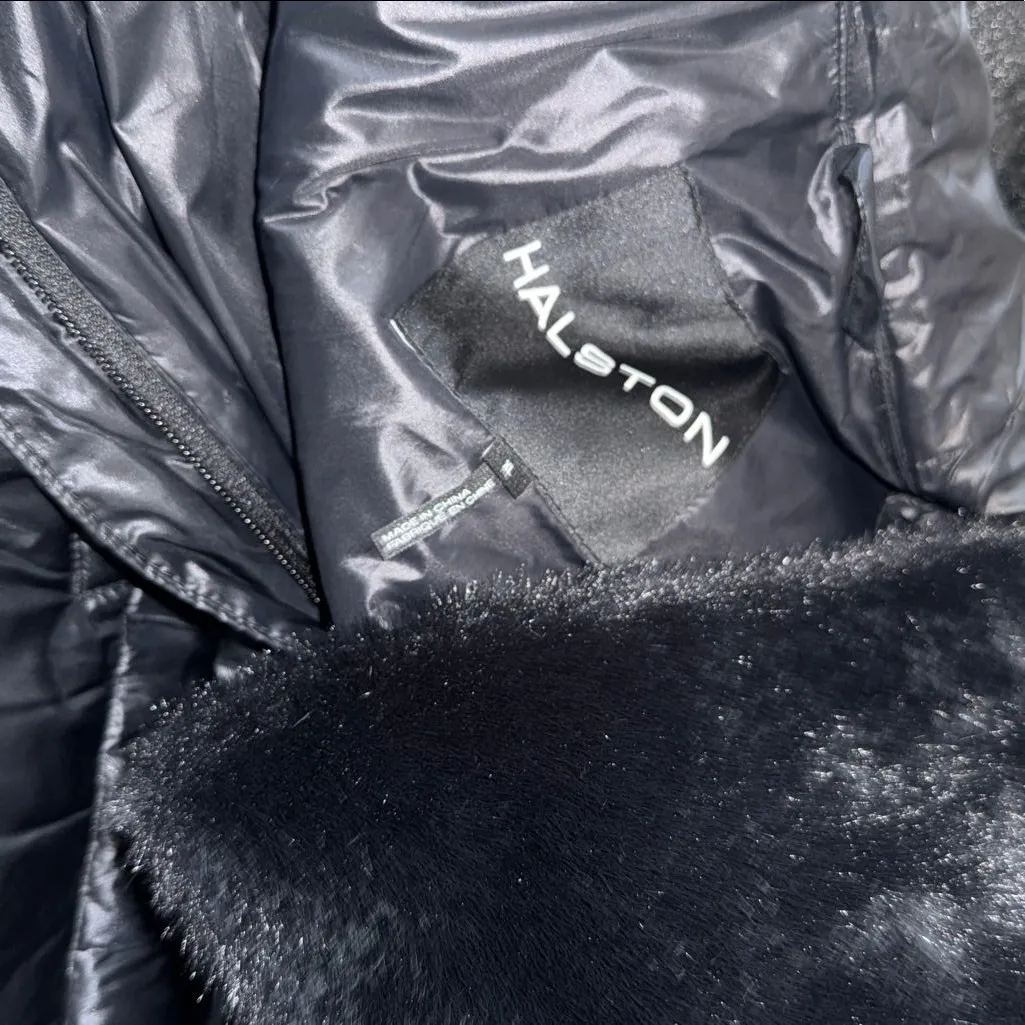 NWOT H HALSTON  Ayssmetrical Shine Fabric Faux Fur Collar Puffer Jacket Black XL - Image 5