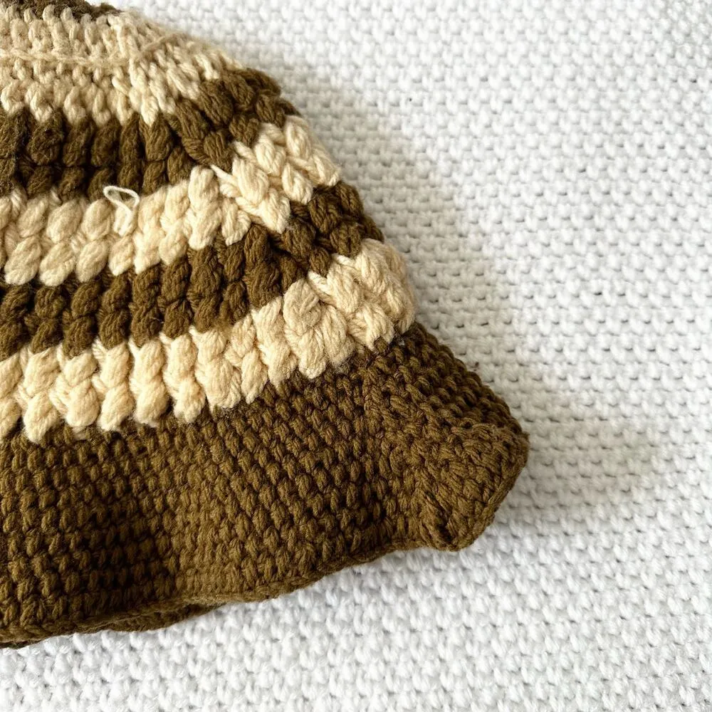 Handmade Crochet Brown Beige Tan Stripe Bucket Hat One Size Boho - Image 7