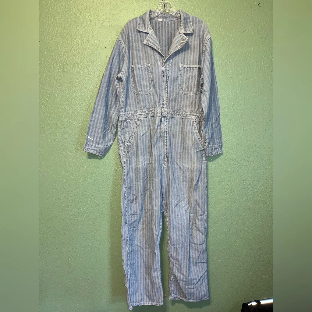 Vintage Denim coveralls vintage striped denim overalls, herringbone denim chore Blue Size XL - Image 5