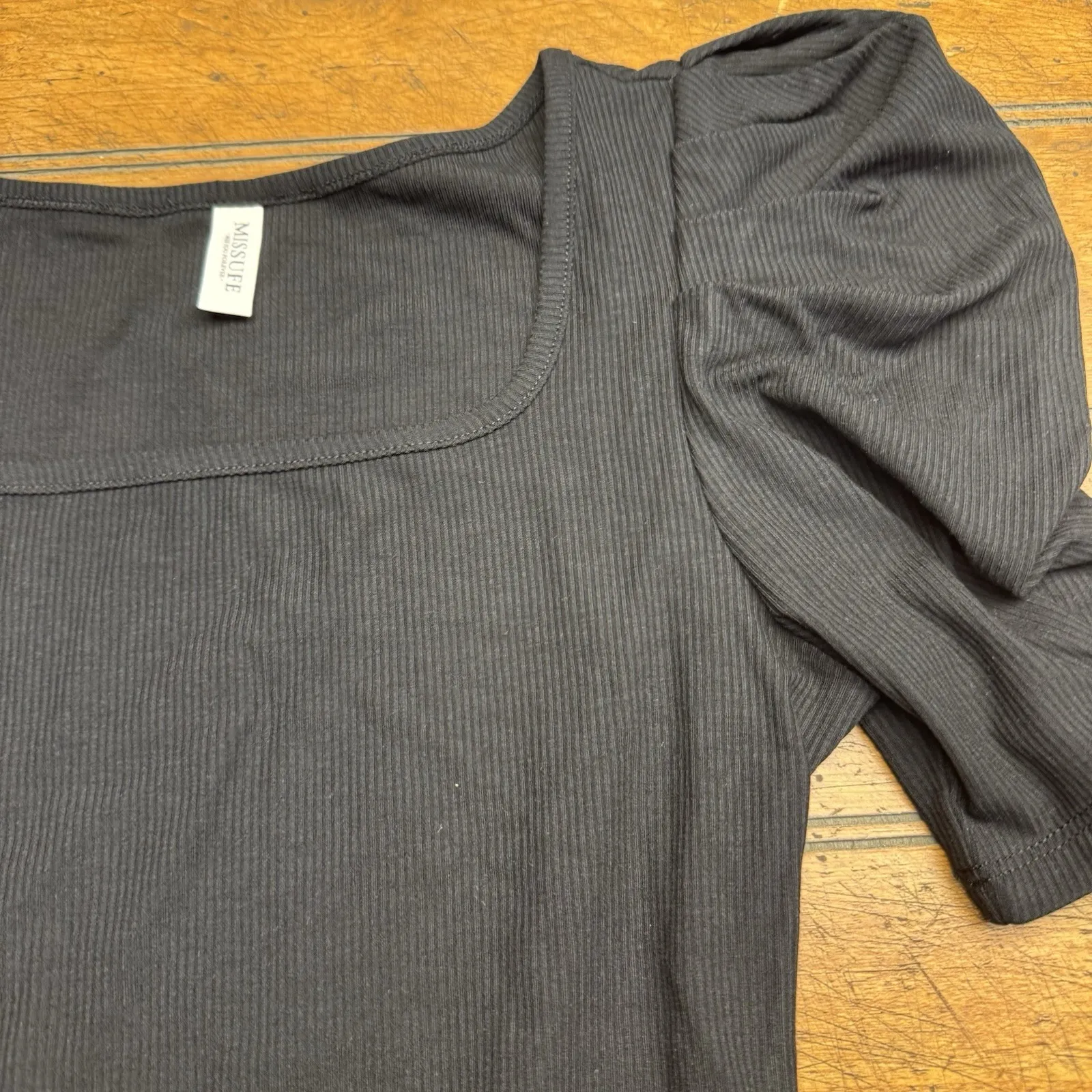 Missufe Miss You Forever Black Small ribbed Cute Puff Shoulder‎ sleeves bodysuit - Image 2