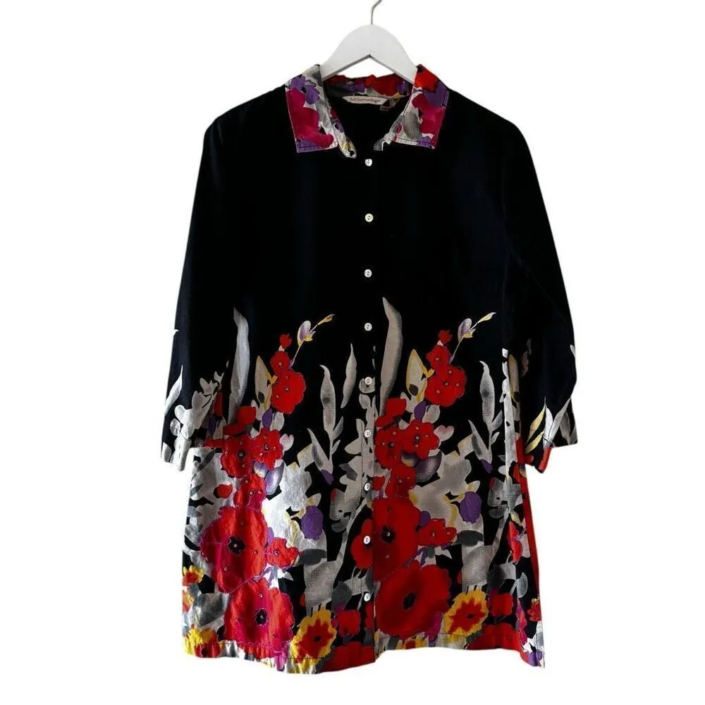 Soft Surroundings Black Floral Cotton Button Down Shirt Dress SZ PL #2424 - Image 7