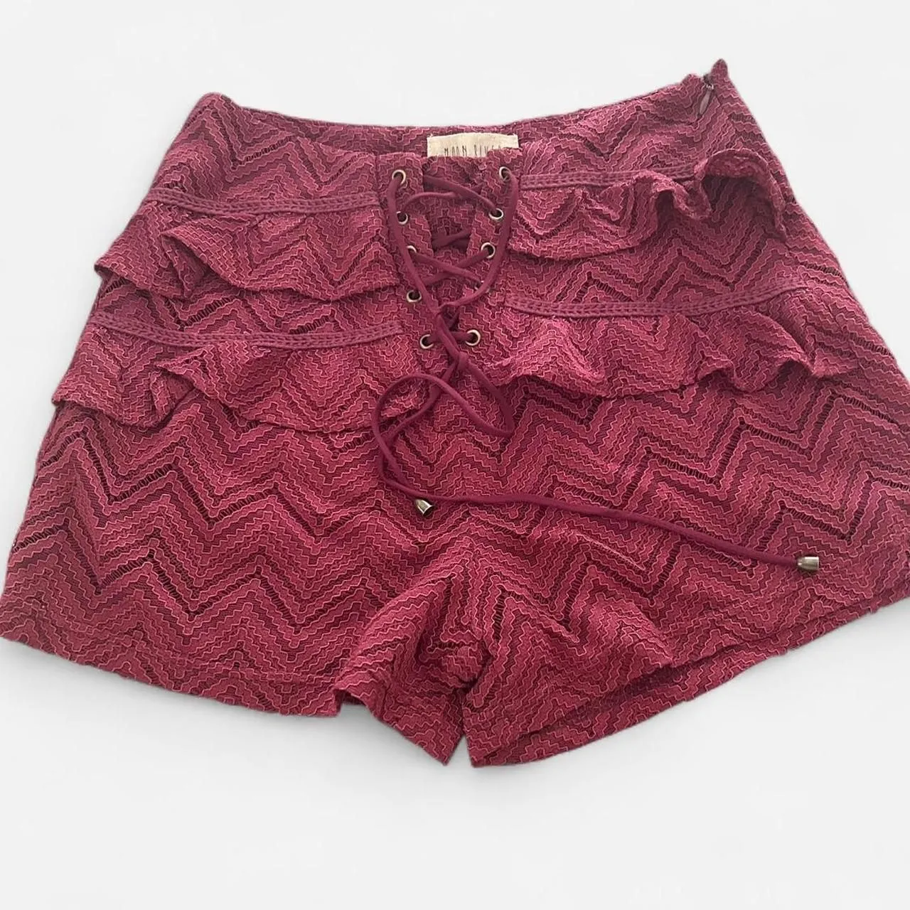 Moon River wine Lace-Up Ruffle Mini Shorts – Boho Romance whimsygoth S NWT - Image 3
