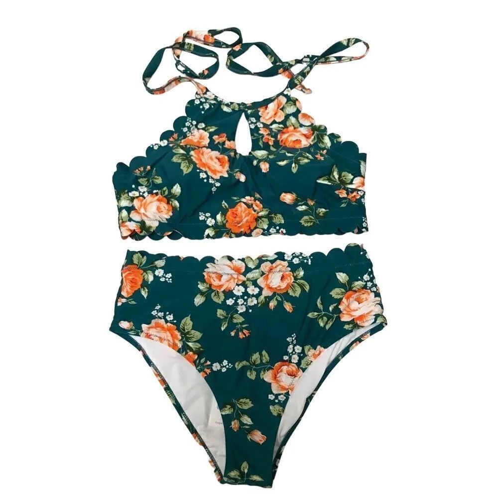 Cupshe teal floral scallop halter bikini set L - Image 3
