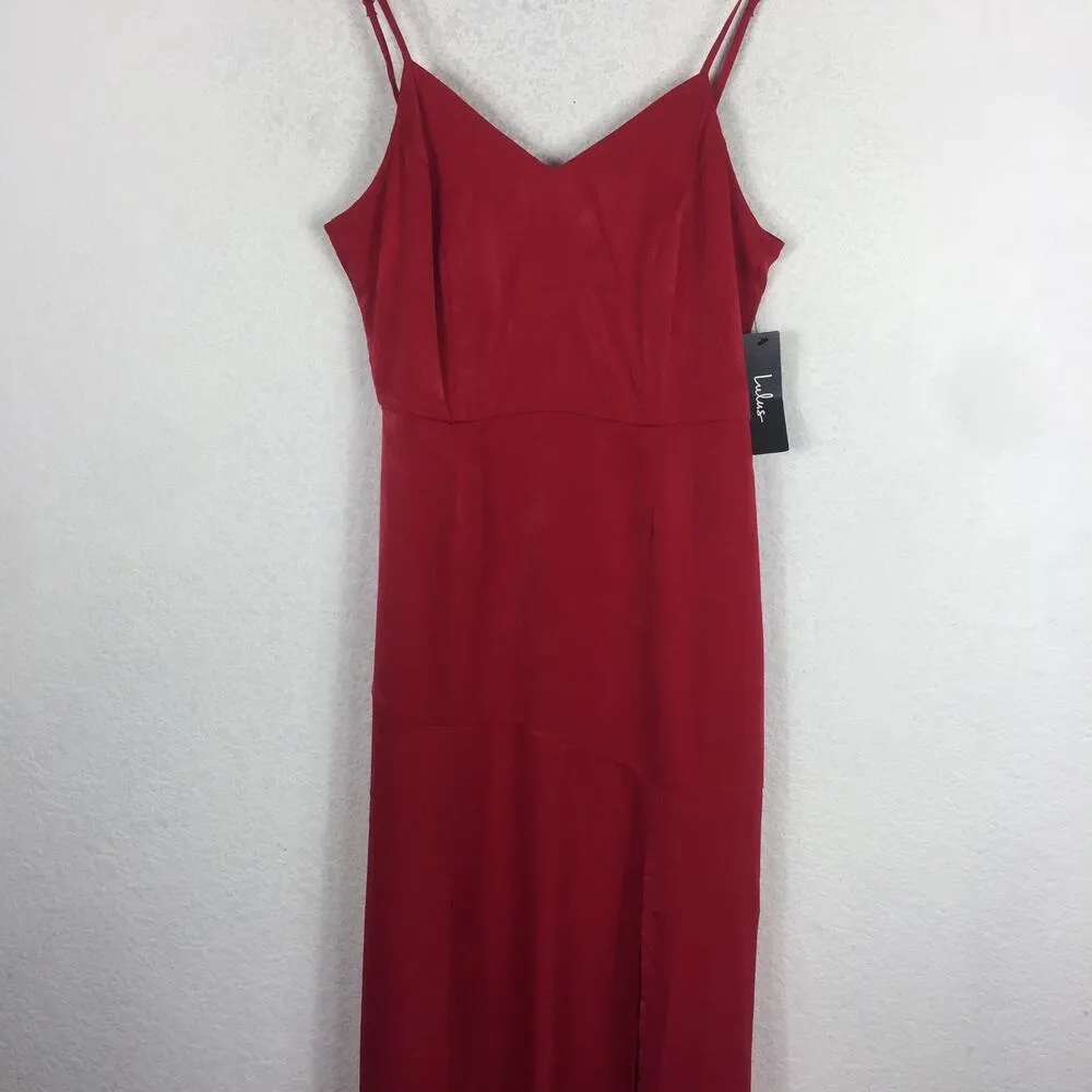 NWT Lulus Hot Date Red Satin Slip Maxi Dress Medium Sleeveless Asymmetric Seam - Image 9