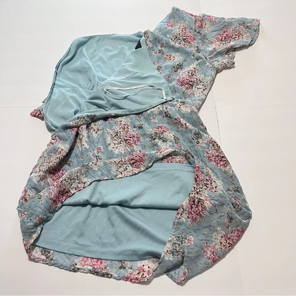 NWT Lulus Way‎ to Wow Dusty Blue Floral One Shoulder Faux-Wrap Dress LARGE - Image 8