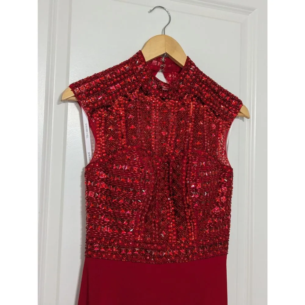Sherri Hill 51876 High Neck Beaded Red Dress Prom Gown Jersey Skirt Womens 6 - Image 5