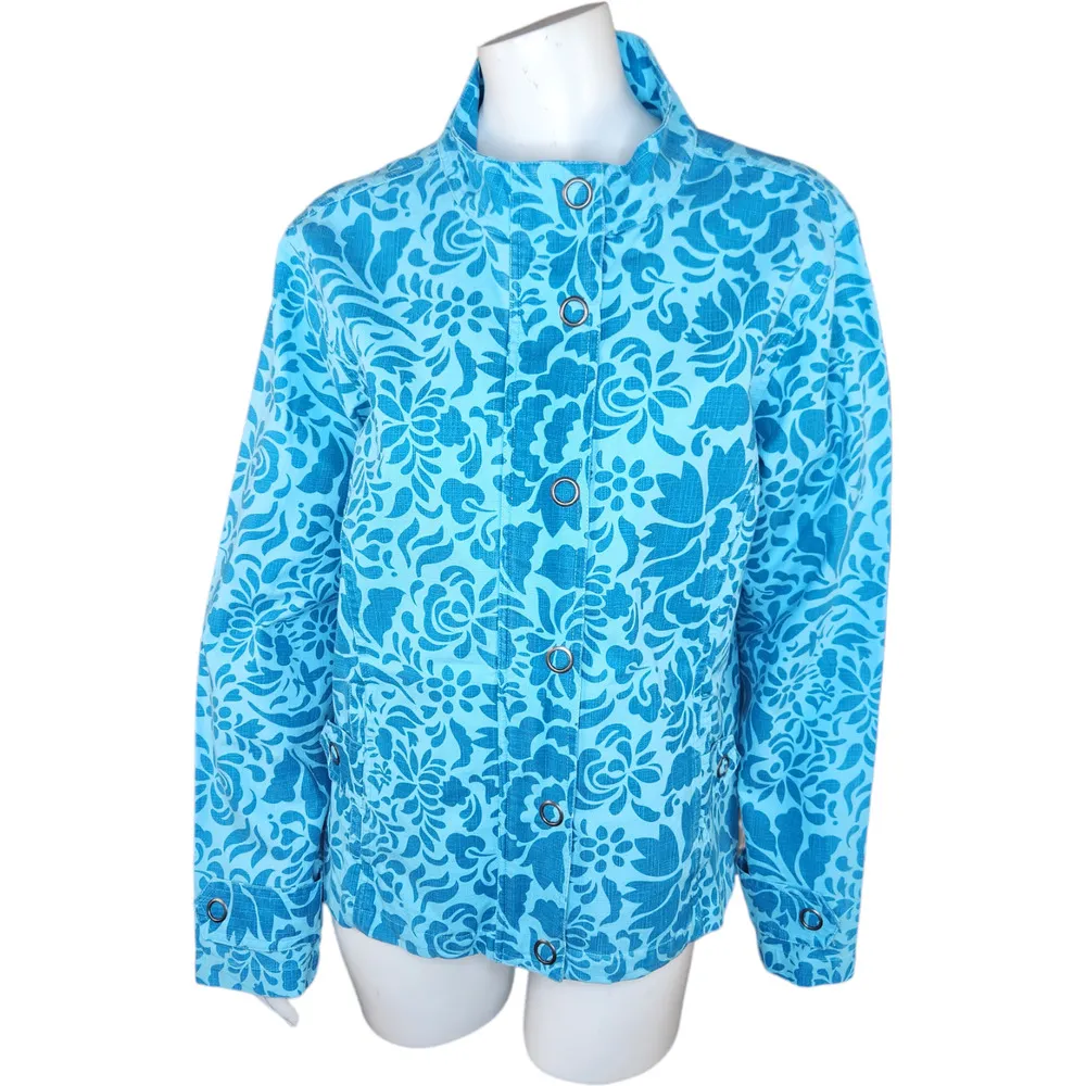 Coldwater Creek Medium Blue Floral Denim Jacket Snap Button Mock Neck Career NWT - Image 2