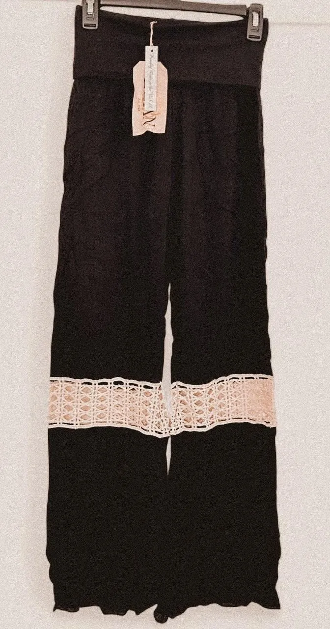 Elan Black & Cream Crochet Panel Wide-Leg Pants – Boho Festival Soft Girl small - Image 1