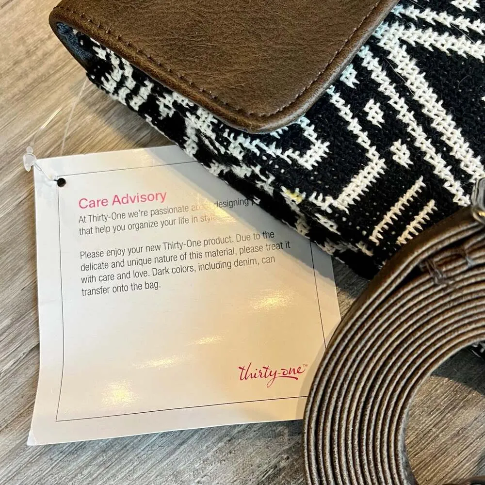 NEW Thirty One Call Me CROSSBODY Bag Purse Rio Weave Black White Saddle Brown - Image 6